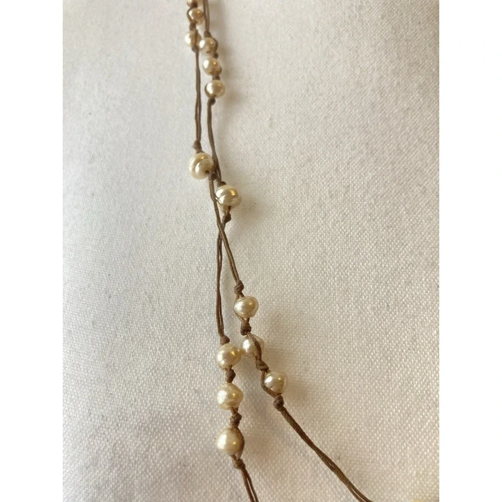 Layered Faux Pearl Cord Necklace Cream & Earthy Brown Cord Long‎ Boho  Romantic